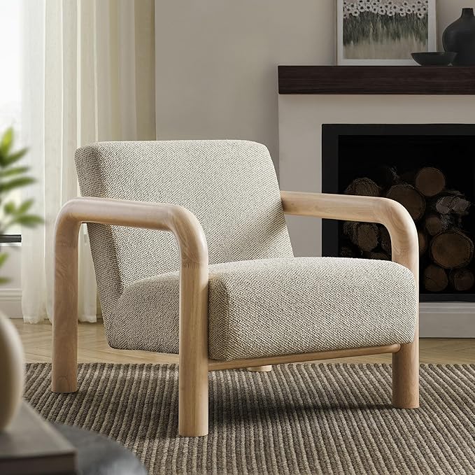 Modway Sereno Modern Boucle Fabric Accent Chair in Marble Oak with Rounded Wood Armrests – Upholstered Lounge Chair for Living Room or Bedroom