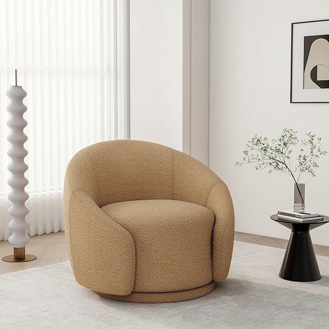 Swivel Barrel Accent Chair 360° Small Round Sofa Chair Comfy Modern Reading Armchair for Living Room Bedroom (Boucle Light Brown Set of 2)
