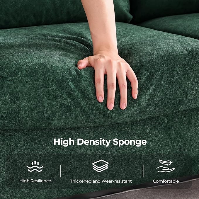 3 Seater Sofa Couch with Deep Seat 90 Modern Upholstered Sofa with Armrests Easy Installation Comfy Couches for Living Room Apartment Green