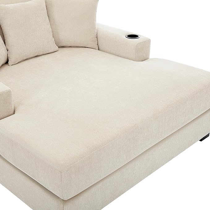 Oversized Chenille Fabric Chaise Lounge Chair Indoor 55 Oversized Chaise Lounger Modern Style Sofa Couch with Pillows Charge Station &amp Cup Holders for Living Room Office (Cream 55)