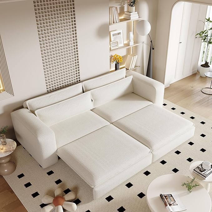 Polibi 93 King Size Convertible Sofa Bed 3-in-1 Sleeper to Recliner Wide Armrest Design with Storage Easy to Clean White
