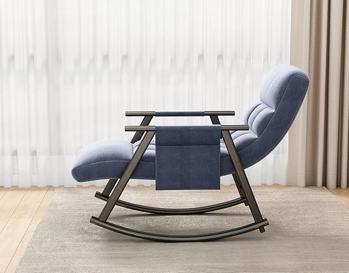 Folding Upholstered Rocking Chair Casual Lounge Chair with Adjustable High Back and Footrest Side Pockets Suitable for Living Room Bedroom or Balcony.