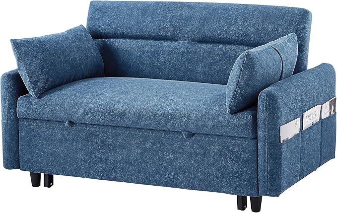 55.1 Pull Out Sofa Bed 2 Seater Loveseats Sofa Couch with Adjustable Backrest Storage Pockets 2 Soft Pillows Convertible Sleeper Sofa Bed for Living Room Bedroom Apartment Office (Blue 091)