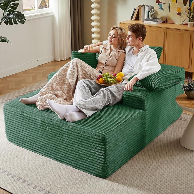 50 Oversized Chaise Lounge Chair IndoorCorduroy Boneless Reading Chair with 3 PillowsDeep Seat Cloud Sofa BedComfy Modern Sleeper Chairs in Box for Living Room BedroomNo Assembly(Green)