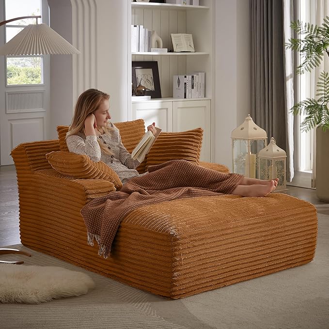 Oversized Chaise Lounge Chair Indoor Corduroy Sofa Bed with Throw Pillows Recliner Chair Comfy Large Deep Seat Sofa Couch for Living Room Bedroom Apartment (Orange)