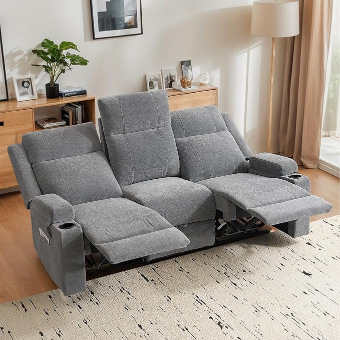 75'' Manual Reclining Sofa with Storage Drawer 3 Seat Wall Hugger Recliner Couch with Cup Holders Side Pockets Chenille Fabric Compact 3-Person Recliner for RV Living Room Apartment (Grey)