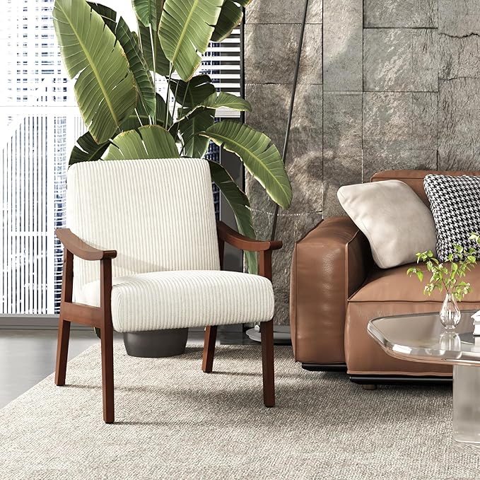 Yaheetech Corduroy Accent Chair Mid-Century Modern Armchair with Solid Wood Legs Reading Leisure Chair with High Back for Living Room Bedroom Waiting Room Beige