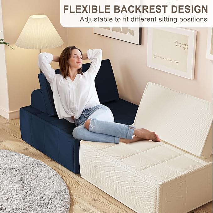 PurrJoys Modular Sectional Sofa 35 Corduroy Sofa Sleeper Deep Seat Sofa with Adjustable Backrest Small Couch for Small Spaces Living Room Bedroom ApartmentBlue Office Couch