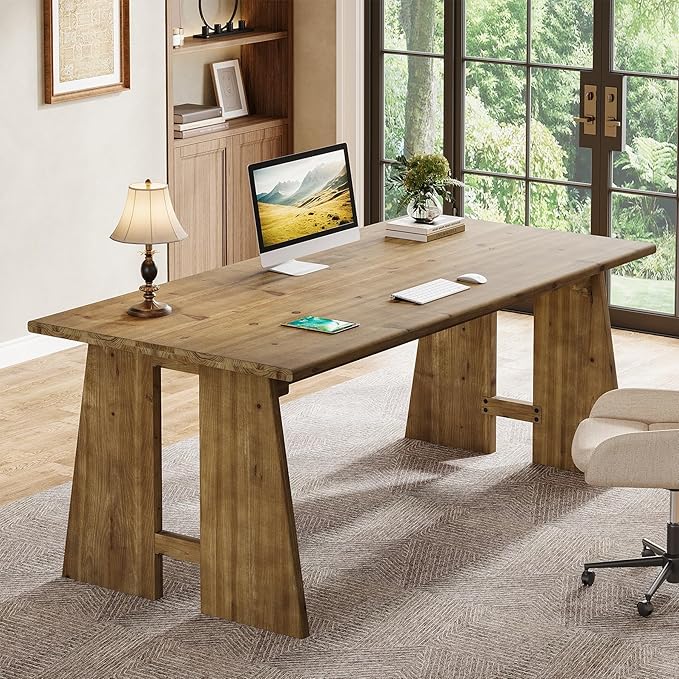 Solid Wood Executive Desk 70.9-Inch Long Office Computer Desk with Sturdy Wooden Legs Farmhouse Workstation for Home Office Rectangular Conference Table for Meeting Room (Brown)