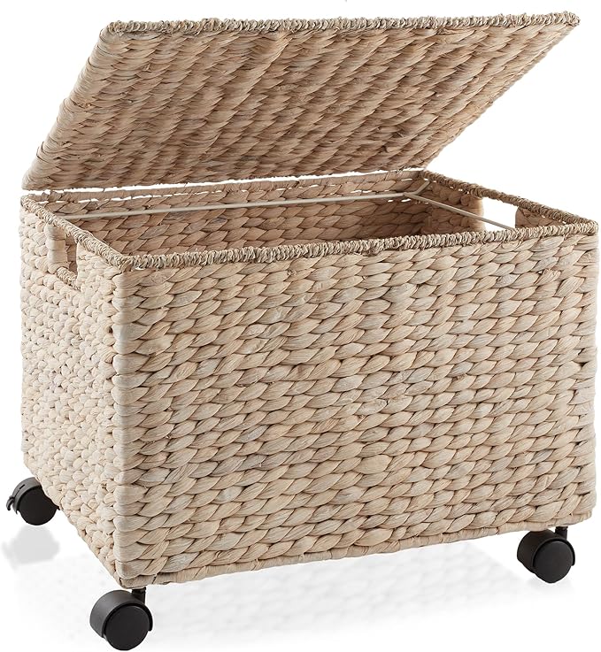 Casafield Rolling Filing Cabinet Whitewash - Water Hyacinth File Organizer with Lid and Locking Wheels Home Office Storage for Hanging Folders