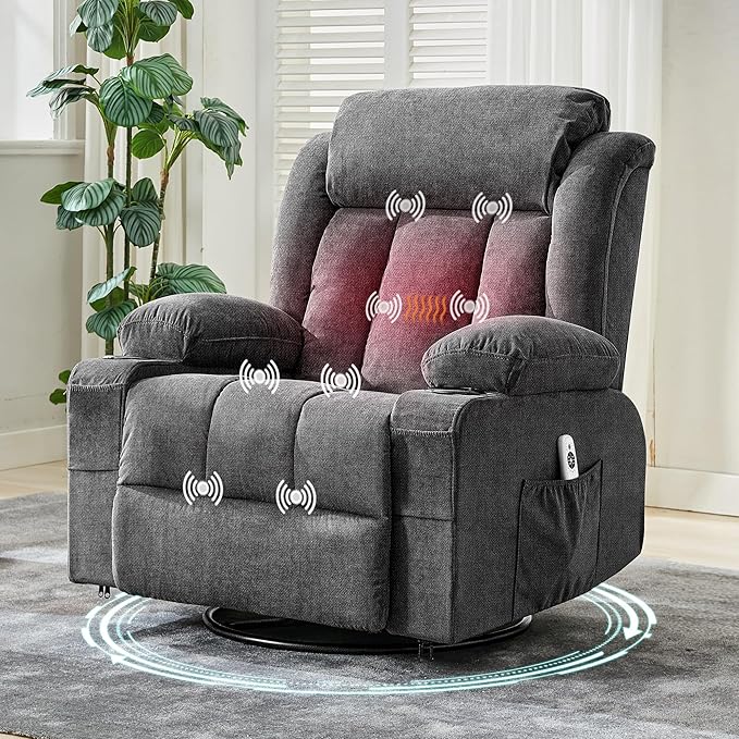 GAOMON Rocker Swivel Recliner Chair with Heat Massage Large Wide Lazy Boy Single Sofa Seat with 3 Positions 2 Side Pockets Cup Holders USB Ports Remote Control