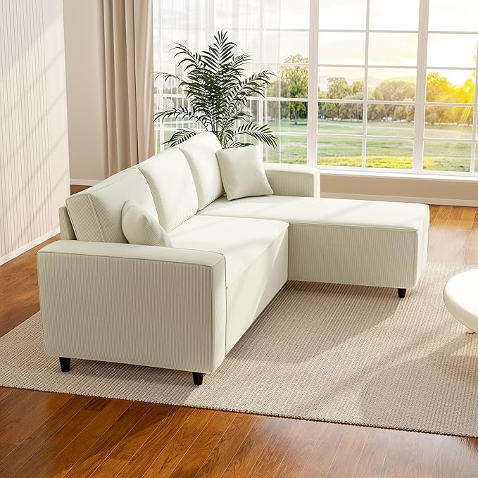 HOMCOM 95 Sectional Sofa with Reversible Chaise Lounge L-Shaped Corner Sofa with Corduroy Fabric Pocket Spring 2 Pillows Wide Arm Thick Padded 3 Seat Couch for Living Room Cream White