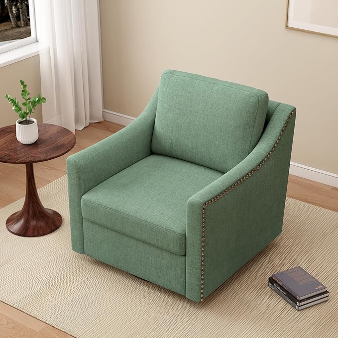 Set of 2 Swivel Accent Chairs for Living Room 360° Swivel Upholstered Club Armchairs with Nailhead Trim Metal Swivel Base Linen-Textured Fabric – Green