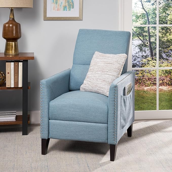 Mid-Century Fabric Rocker Recliner Chair with Tufted Design Adjustable Single Recliner Sofa with Thicker Seat Cushion with Pocket for Living Room Bedroom Apartment (Light Blue Style2)
