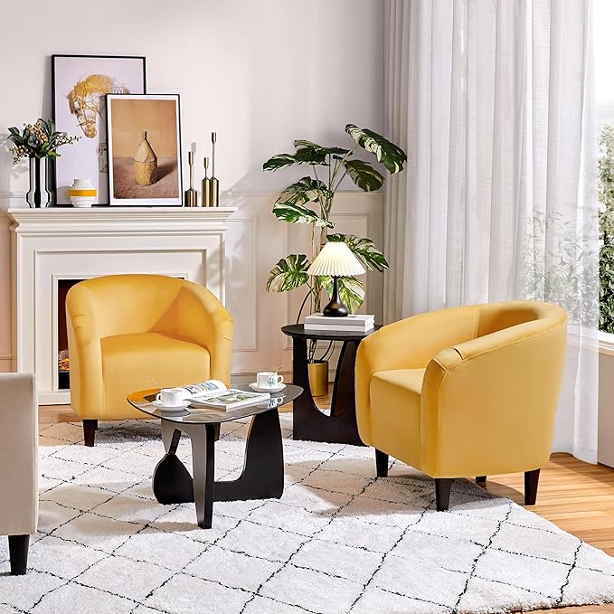 Yaheetech Barrel Chairs Velvet Accent Chairs with Soft Padded Armrest for Living Room Bedroom Waiting Room Office Set of 2 Yellow