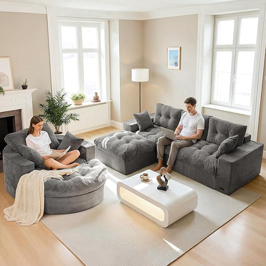 MAXYOYO L Shape Sectional Sofa Couch and Round Chaise Lounge Modern Cloud Couch with Ottoman Comfy Sofa with Layered Cushion Tufted Upholstered Sleeper Chair for Living Room No Assembly Required