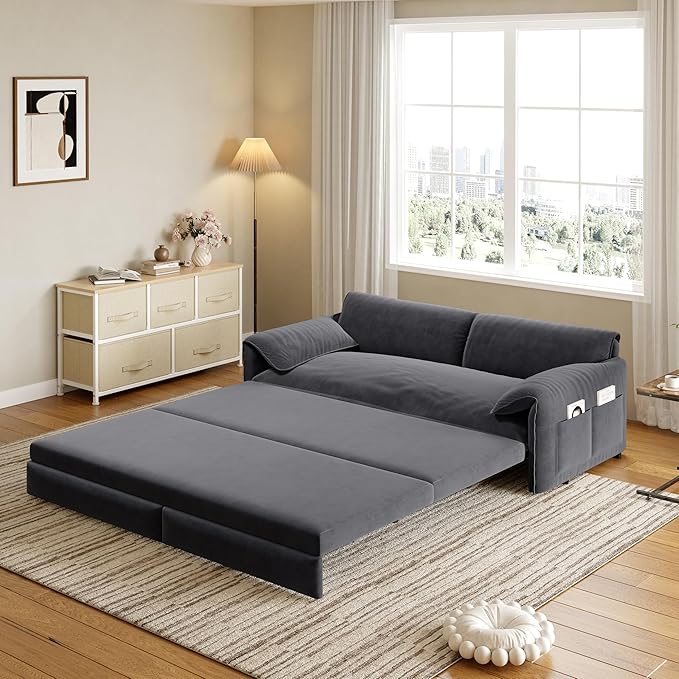 healthomse 66 Queen Size Sleeper Sofa Bed 3-in-1 Convertible Pull Out Sofa Bed with Side Storage Modern Velvet Loveseat for Living Room Bedroom Apartment Office Lounge (Grey 66inch)