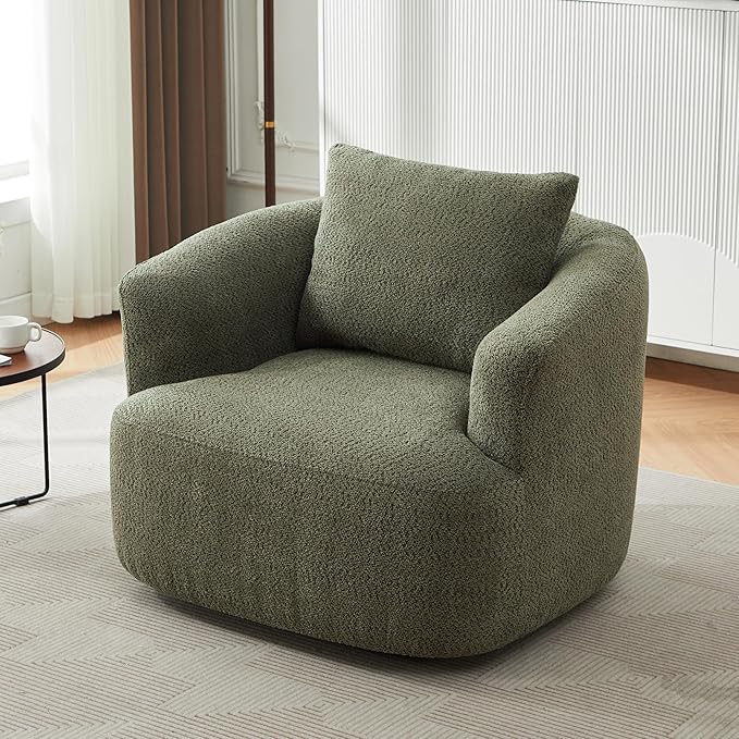 360-Degree Swivel Accent Chair 38.2 Chenille Upholstered Swivel Barrel Sofa Chair with a Throw Pillow Ergonomic Rounded Armrests Single Sofa for Living Room Office (Green/509)