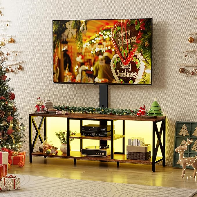 TV Stand with Mount and LED Lights Universal TV Stand Mount for 32-75 inch TV Entertainment Center with Storage Metal TV Console Table Height Adjustable TV Stands for Living Room Rustic Brown
