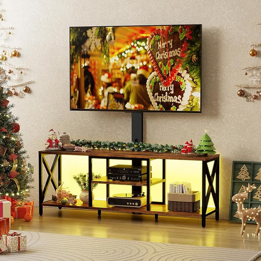 TV Stand with Mount and LED Lights Universal TV Stand Mount for 32-75 inch TV Entertainment Center with Storage Metal TV Console Table Height Adjustable TV Stands for Living Room Rustic Brown