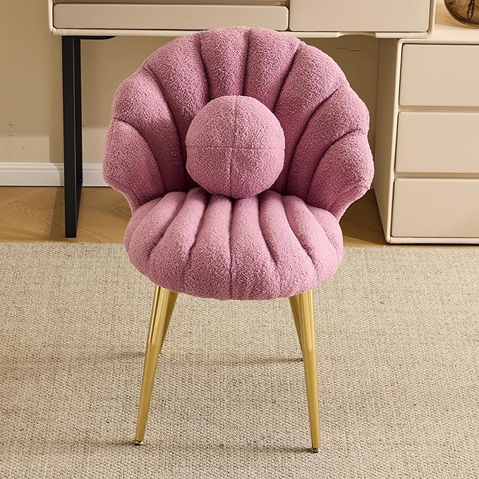 Vingli Shell-Shaped Teddy Fleece Accent Vanity Chair With BackComfy Purple and Gold Desk Chair No WheelsCute Small Pearl Deco PillowGift for Girls/Womenfor MakeupOfficeDiningNailSewingbedroom