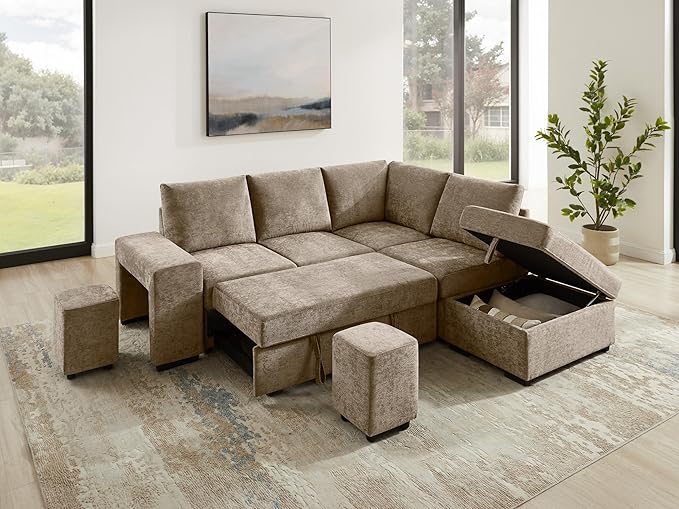 VANOMi 94 Sectional Sleeper Sofa with Pull Out Couch Comfy 6 Seater L Shaped Modular Sofa with Storage Ottoman Modern Convertible Chenille Cloud Couches for Living Room Apartment Camel