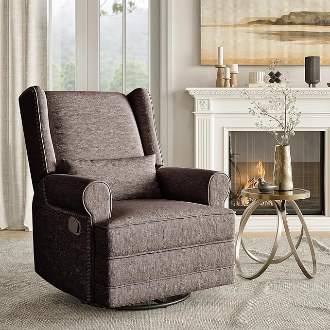 Kiss the Water Swivel Recliner Chair with Adjustable Back and Footrest Comfy Rocker Recliner Chair with Carbon Steel Base Glider Recliner Nursery Chair for Living Room Bedroom Nursery Coffee
