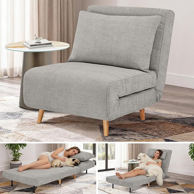 3 in 1 Sleeper Chair Bed Foldable Convertible Chair with Thickened Cushion and Sponge OTE Chenille Fabric Adjustable Backrest Upholstered Accent Chair for Apartment/Bedroom/Office - Dark Gray