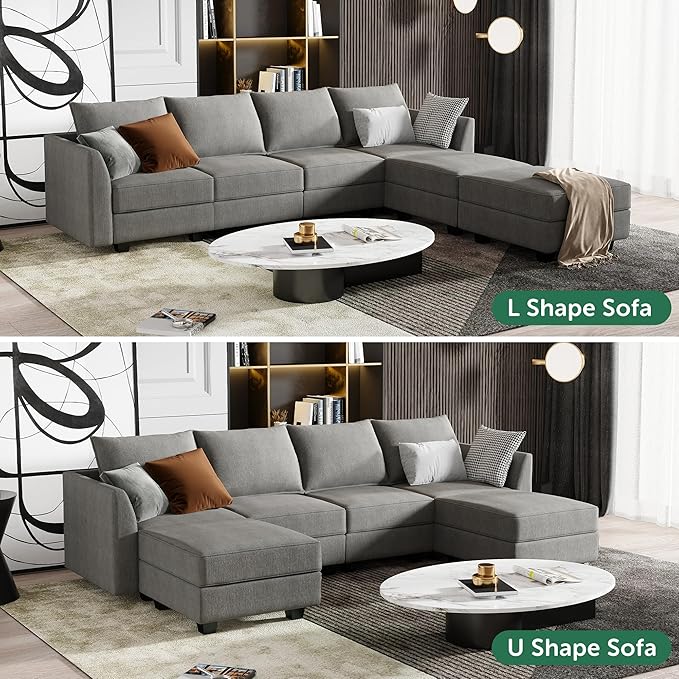 HONBAY Modular Sectional Sofa with Storage U Shaped Modular Sofa 6-Seater Sectional Couch for Living Room Grey