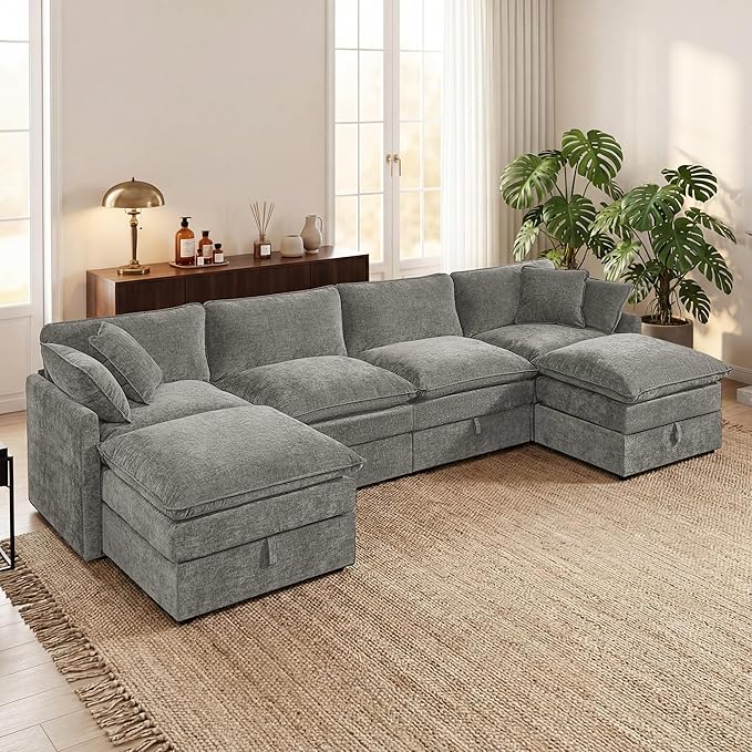 Modular Sofa with Storage 135 U Shape Sectional Cloud Couch Comfy Fabric Couch with Movable Ottoman 6 Seat Modern Deep Seat Sofa for Living Room (Grey Chenille)