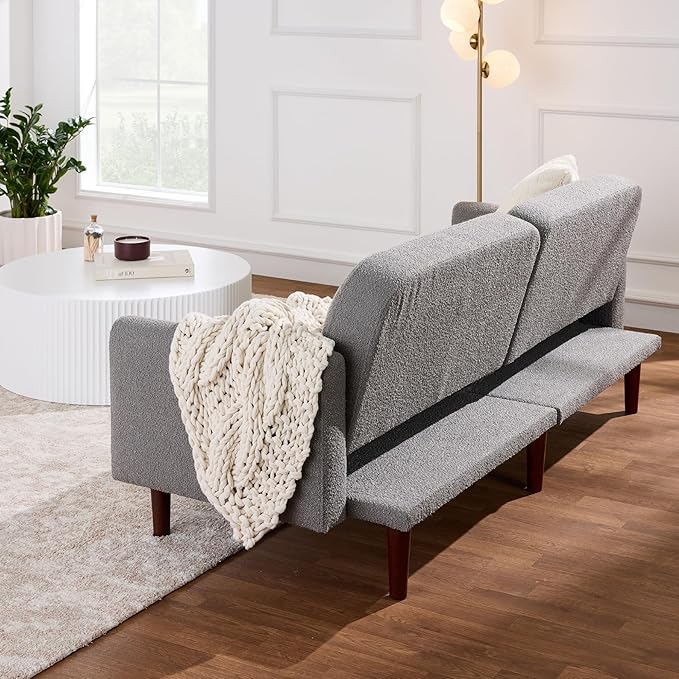 Best Choice Products 77 Mid Century Modern Boucle Loveseat Sofa Couch Convertible Sofa Sleeper Bed w/Real Wood Removable Armrest - Storm Gray