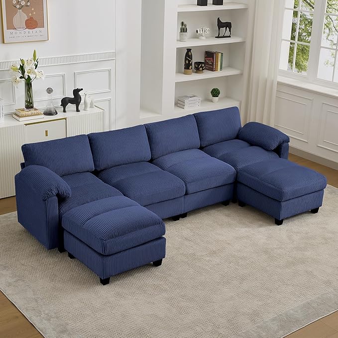 118'' U-Shaped Sectional Couch with 2 Ottoman Oversized Modular Couches for Living Room Corduroy Deep Seat Cloud Sofa with Center Stitched Blue
