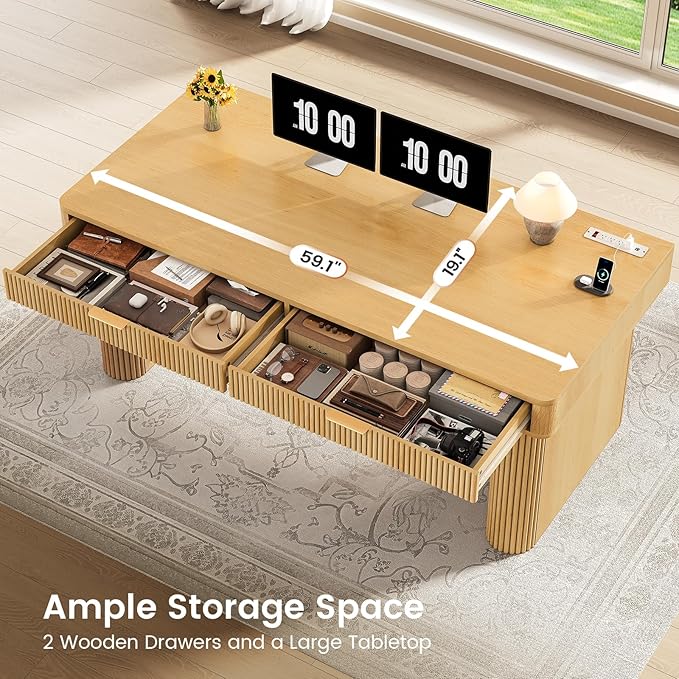SEDETA Office Desk with 2 Drawers 59 Fluted Computer Desk with Storage and Power Strip Wood Executive Desk Writing Desk for Home Office Living Room Bedroom Oak