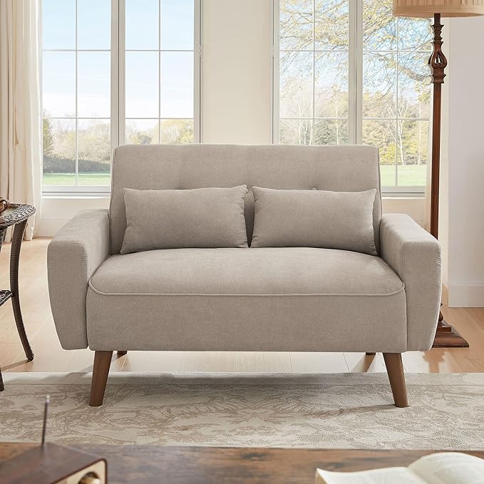 Small Loveseat Sofa 48 Mid Century Love Seat Couch Modern 2 Seat Tufted Couches with Throw Pillows for Living Room Apartment Bedroom Beige