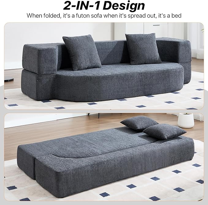 Folding Sofa Bed Convertible Futon Sleeper Bed 2-in-1 Foldable Floor Mattress with 2 Pillows Breathable High-Density Foam Lazy Couch Twin Size Comfy Lounge Chair Dark Gray