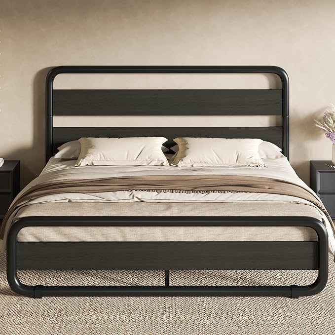 SHA CERLIN Full Size Metal Bed Frame with Wooden Headboard and Footboard Heavy Duty Oval-Shaped Platform Bed Frame with 10 Under-Bed Storage Noise Free No Box Spring Needed Black
