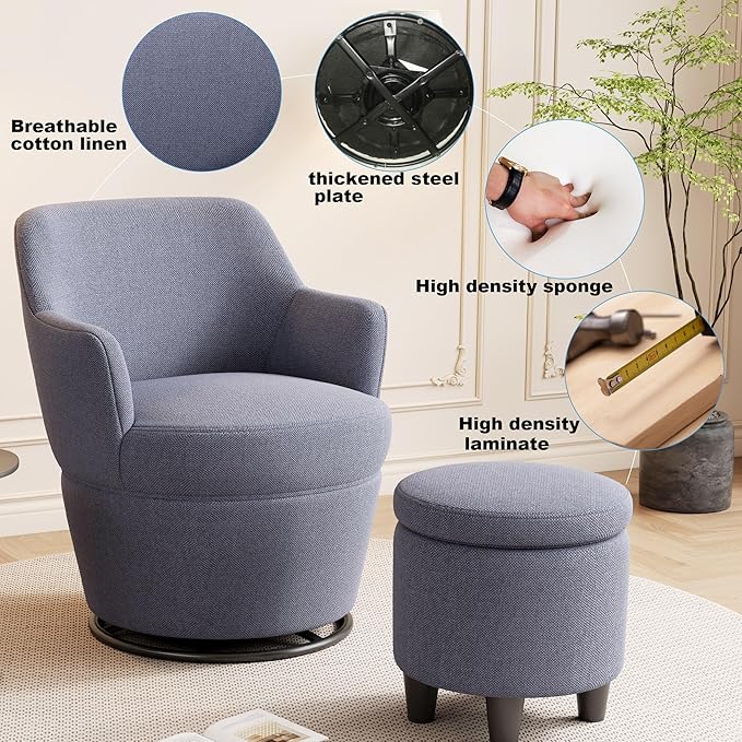 Upholstered Swivel Chair with Storage Ottoman360° Swivel Accent Lounge Sofa with Metal BaseComfortable Cotton Linen Barrel Reading Armchair for Living Room Bedroom Office (Blue)