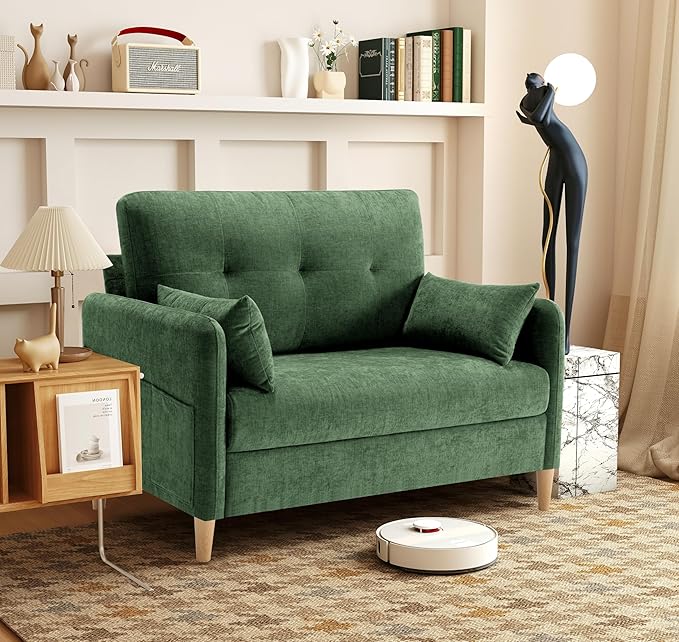 47 Small Sofa Couch for Bedroom Soft Chenille loveseat Mini Couch with Throw Pillow and Removable Cushion Cover for Small Spaces Living Room Apartment Dorm Office(Green)