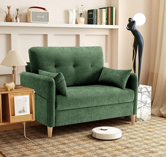 47 Small Sofa Couch for Bedroom Soft Chenille loveseat Mini Couch with Throw Pillow and Removable Cushion Cover for Small Spaces Living Room Apartment Dorm Office(Green)