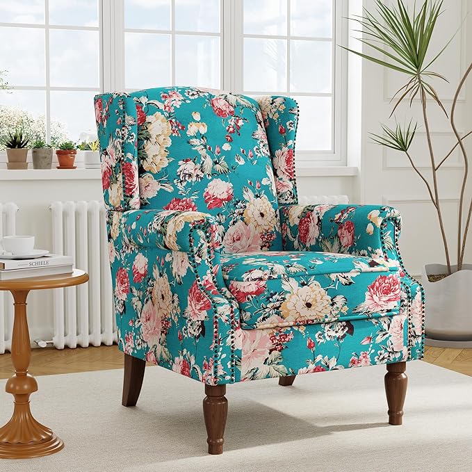 Floral High Back Accent Chair Upholstered Armchair with Solid Wood Legs Comfy Wingback Reading Single Sofa Chair for Small Spaces Living Room Bedroom(Floral Peacock Blue Set of 2)