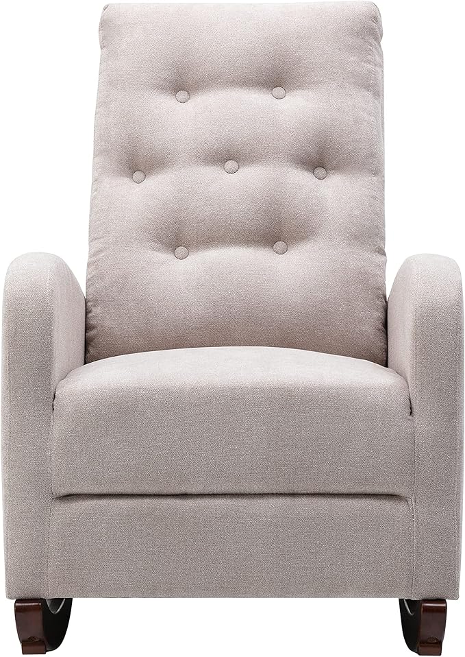Cozy Linen Reclining Rocking Chair with Side Storage Pocket Comfortable Button Tufted Rocker Elegant and Functional Rocking Recliner Chair Ideal for Living Room &amp Nursery Grey