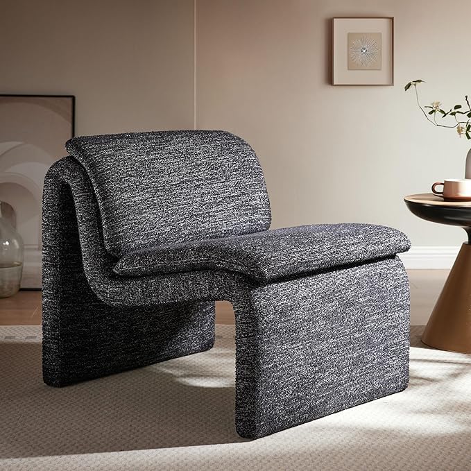 Modway Lume Curved Lounge Chair in Charcoal Boucle Fabric – Modern Upholstered Armless Accent Chair with Padded Cushion - Unique Slipper Chair for Bedroom or Living Room