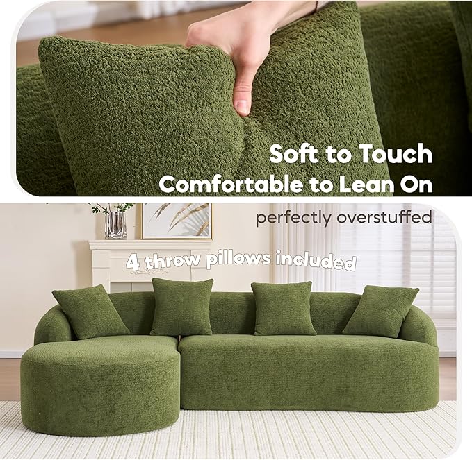 DEINPPA L Shape Modular Couch 3-Seater Chenille Comfy Couch with Throw Pillows Modern Cloud Sofa for Living Room Apartment-Green