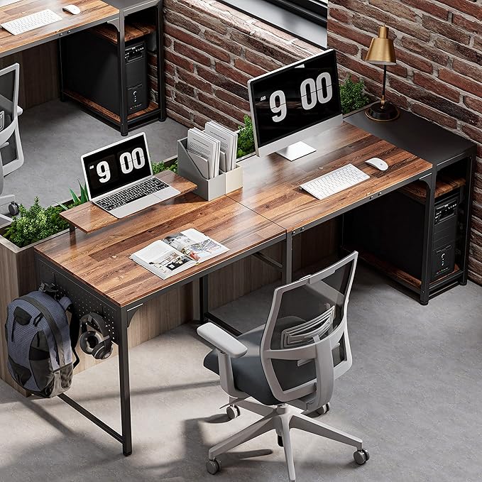 It's_Organized Reversible L Shaped Desk with Monitor Stand58x47 inch Corner DeskStudy Writing Computer Table with Storage Shelves for Home OfficeRustic Brown/Black