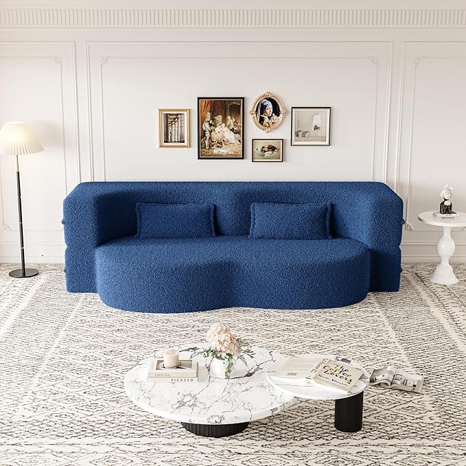 2 in 1 Folding Floor Couch Sofa Bed with 2 Pillows Teddy Fabric Foam-Filled Convertible Sleeper Sofa Full Mattress for Living Room Guestroom No AssemblyBlue Required Sofa Bed