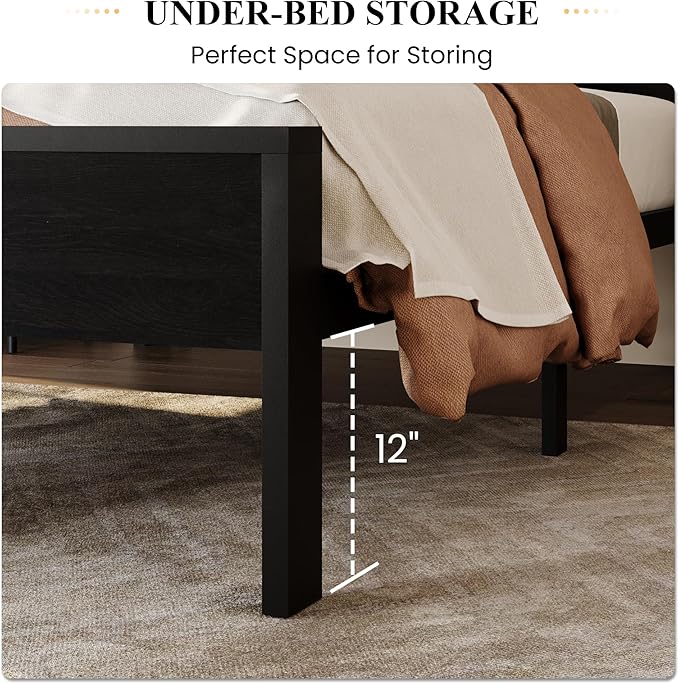 SHA CERLIN 14 Inch Twin Size Metal Platform Bed Frame with Wooden Headboard and Footboard Mattress Foundation No Box Spring Needed Large Under Bed Storage Heavy Duty Slats Support Black Oak