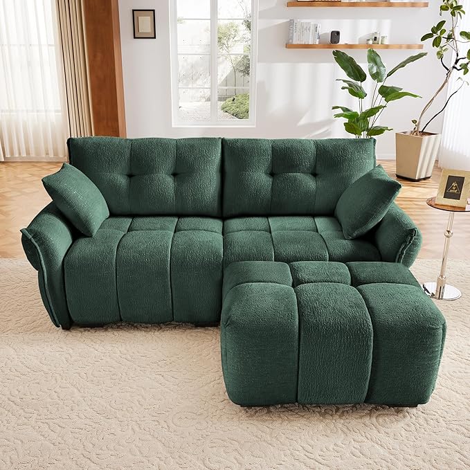 Aoowow Modular Sectional Sofa with Movable Ottoman 78.7” Chenille L Shaped Sofa Couch Upholstered Comfy 2-Seater Couches with Pillows for Living Room Apartment OfficeGreen