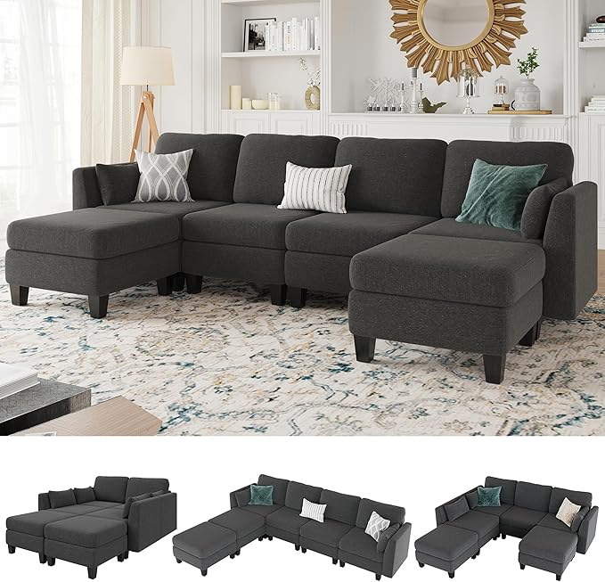 Modular Sectional Sofa 6 Seaters Modular Sleeper Sofa Couch Comfy Sectionals Couches Bed Convertible Sofas with Ottomans Sectional Couches for Living Room Dark Grey