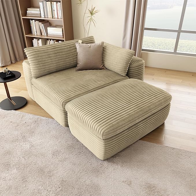 85'' Chaise Lounge Chair Indoor with Double Layer Seat Cushion Boneless Sectional Couches for Living Room with Ottoman Plush Corduroy Sofa Bed Cloud Couch No Assembly(Beige)