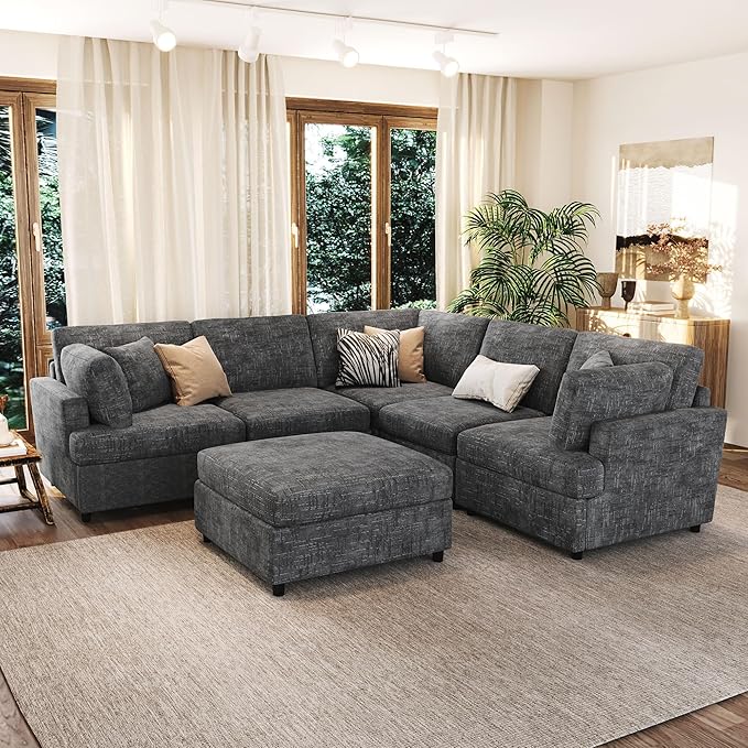 Modern Large Modular Sectional Couch U-Shape Sectional Sofa with Removable Ottoman Polyester Sofa 6-Seater Couch with Solid Wood Legs for Living Room (Gray-29J)